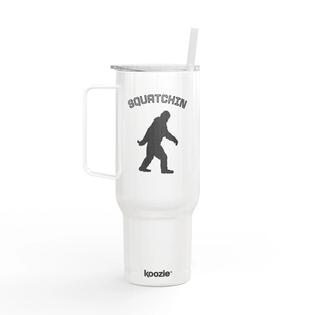 White tumbler with 'Squatchin' and Bigfoot design on a white background
