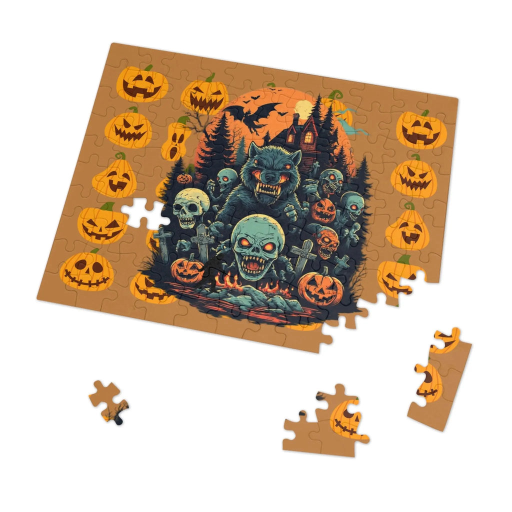 Halloween-themed puzzle with a wolf, ghosts, and pumpkins on a brownish orange background.