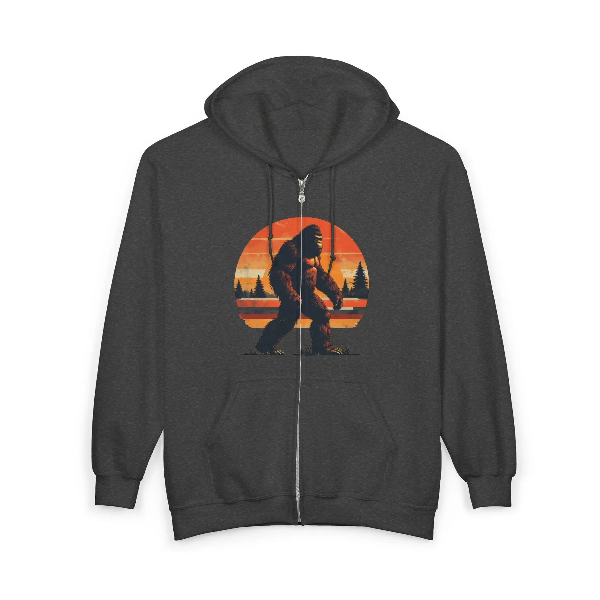 Sunset Sasquatch Zip-Up Hoodie – Warm, Durable Outdoor Layer Printify