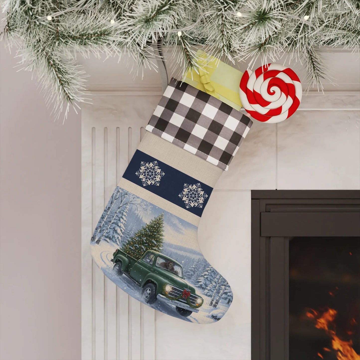 Bigfoot Christmas Stocking – Vintage Truck with Tree & Snowflake Design - Squatch Wear