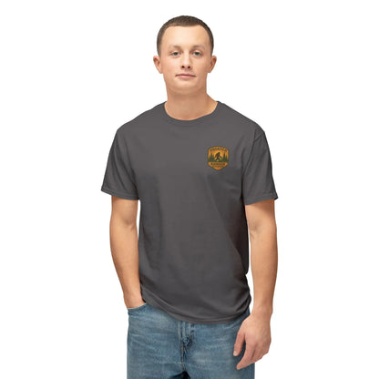 Adventure Patch T-Shirt — Vintage Mountain Forest Logo Tee | Outdoors Lifestyle Shirt