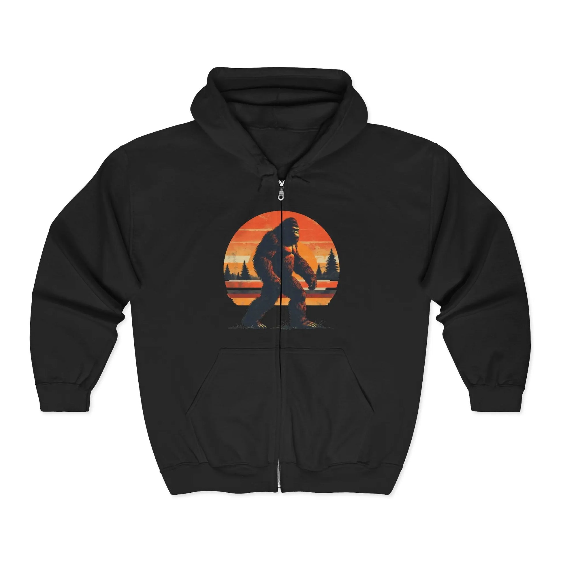 Sunset Sasquatch Zip-Up Hoodie – Warm, Durable Outdoor Layer Printify