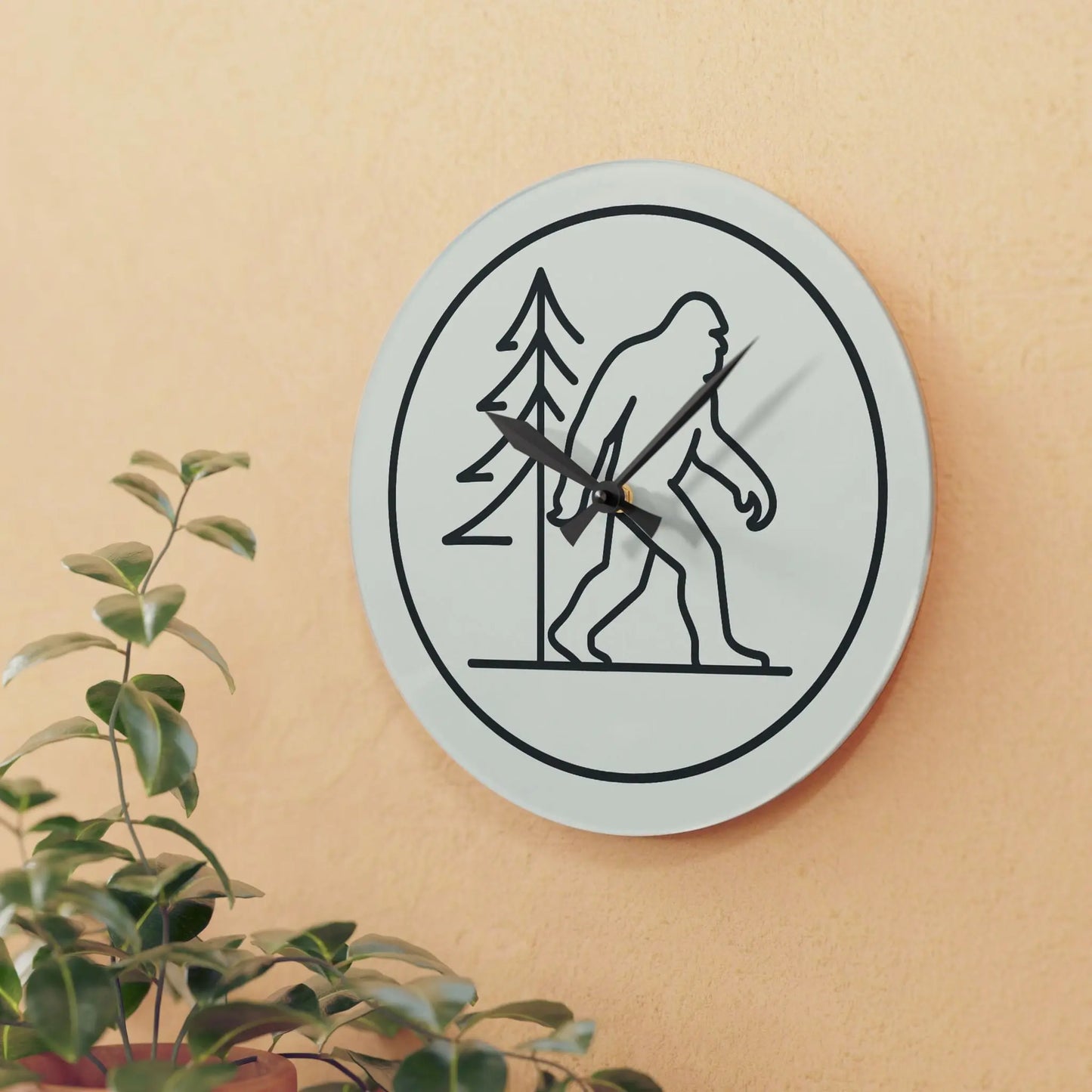 Bigfoot Pine Tree Acrylic Wall Clock — Minimal Single-Line Black & White Printify