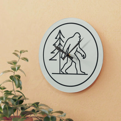 Bigfoot Pine Tree Acrylic Wall Clock — Minimal Single-Line Black & White Printify