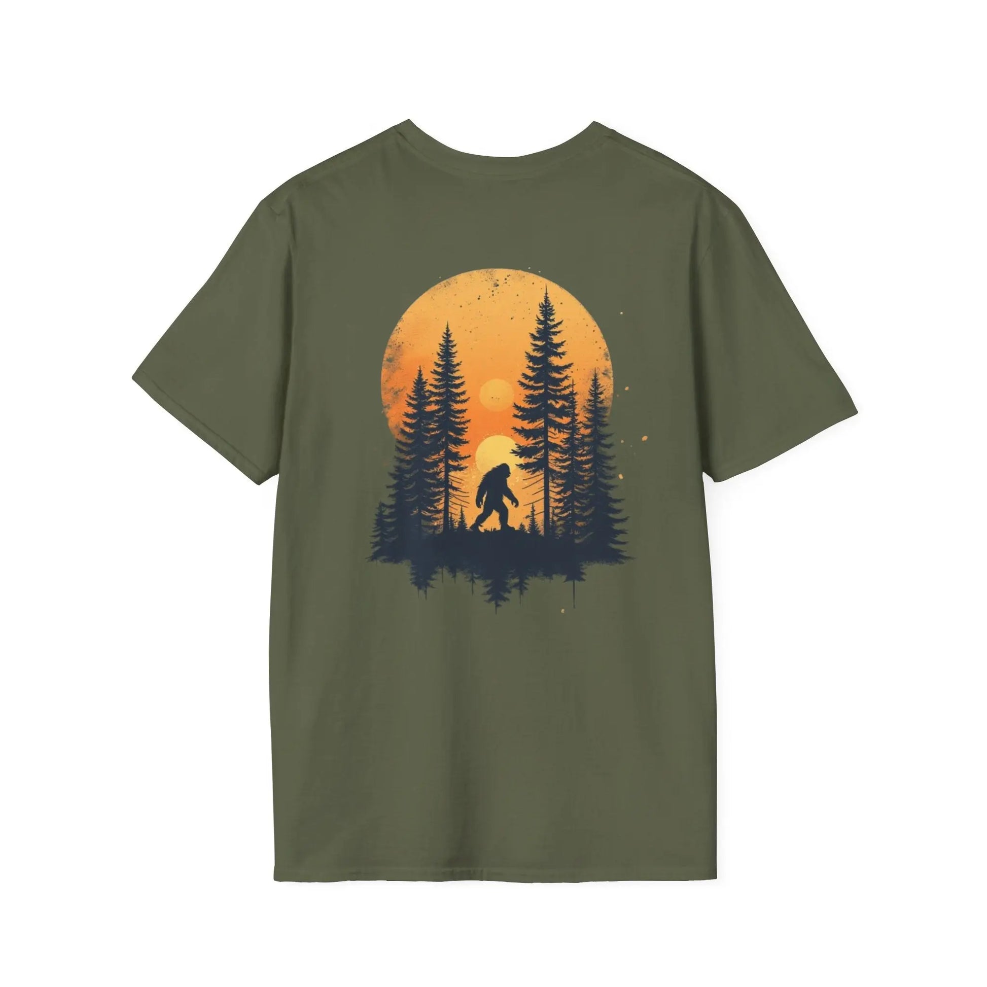 Bigfoot Sunset T-Shirt — Sasquatch Forest Graphic Tee Printify