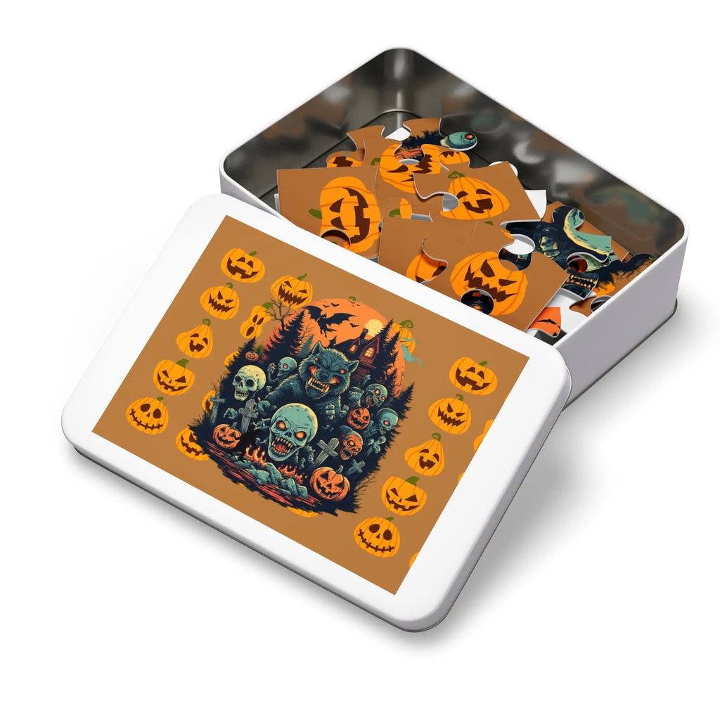 Halloween-themed puzzle in a metal tin with jack-o'-lanterns and ghosts on a brownish orange background.