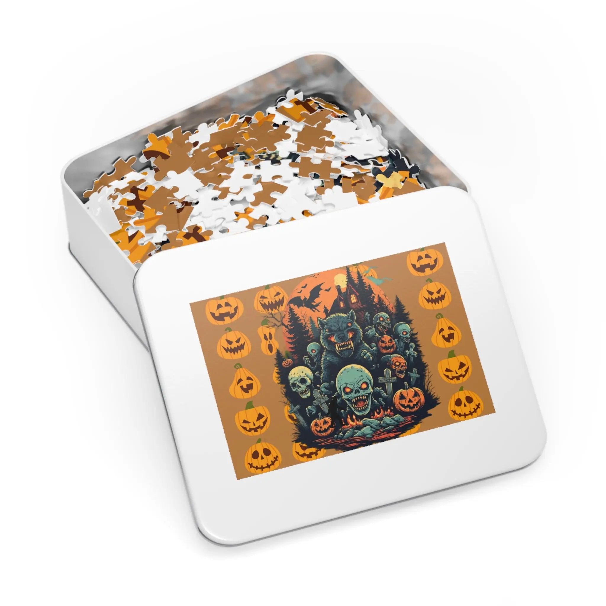 Halloween-themed puzzle with a wolf, ghosts, and pumpkins on a brownish orange background. in a tin box with a colorful design on the lid.