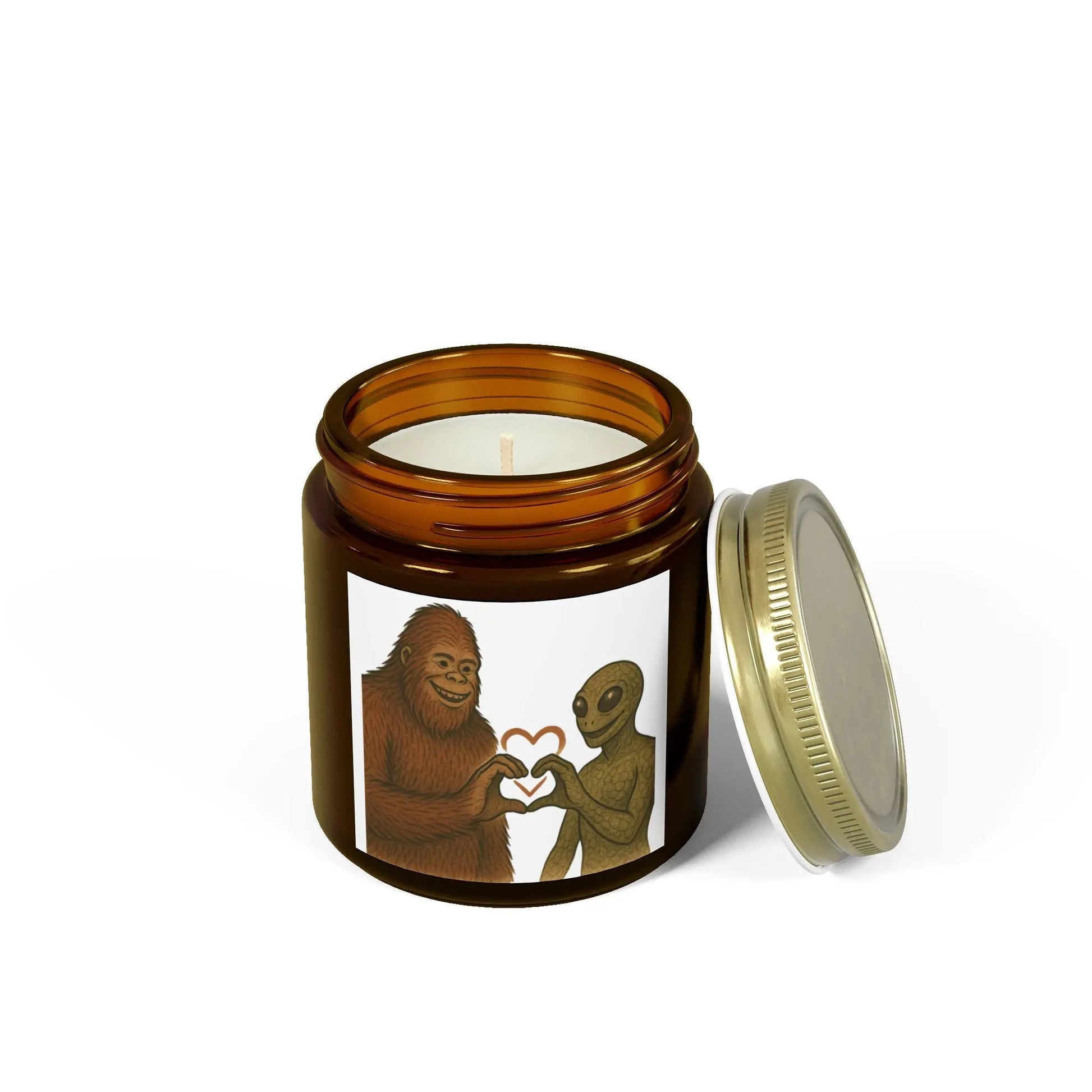 Quirky Scented Candles - Coconut Apricot Wax (4oz & 9oz) - Fun Design featuring Bigfoot and Alien Love - Squatch Wear