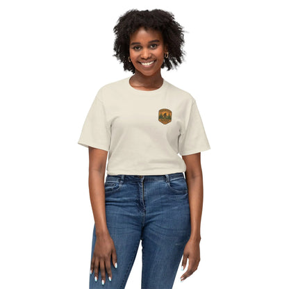 Adventure Patch T-Shirt — Vintage Mountain Forest Logo Tee | Outdoors Lifestyle Shirt