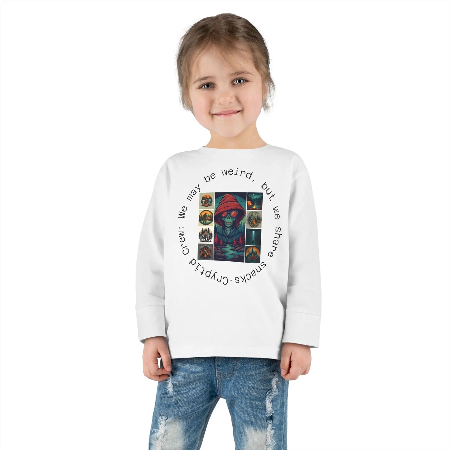 Child wearing a white sweatshirt with a colorful graphic collage and text on a white background