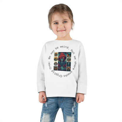 Child wearing a white sweatshirt with a colorful graphic collage and text on a white background