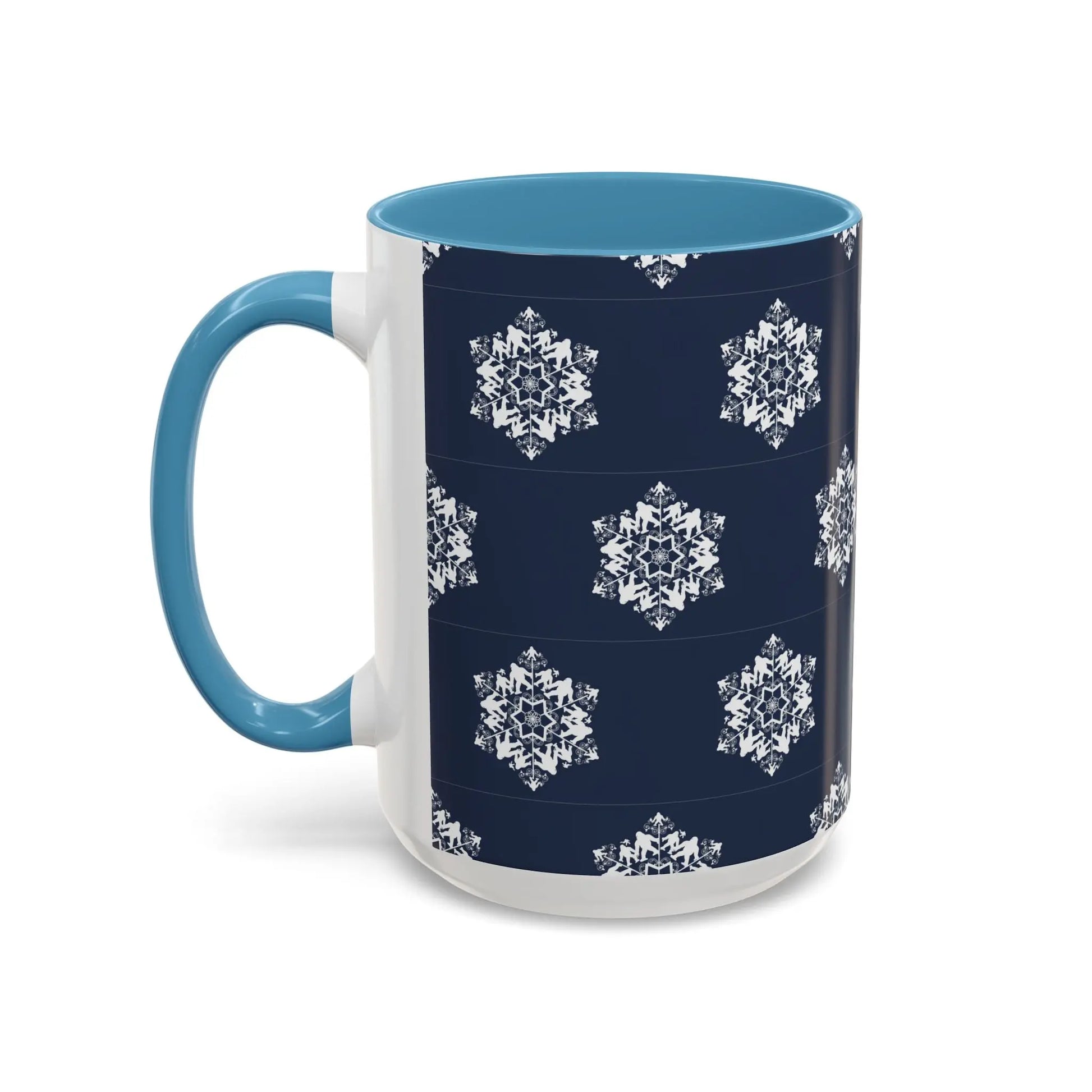 Bigfoot Snowflake Accent Coffee Mug – Navy Holiday Ceramic Cup (11oz/15oz) Printify