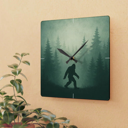 Bigfoot Forest Acrylic Wall Clock — Rustic Sasquatch Silhouette Timepiece Printify