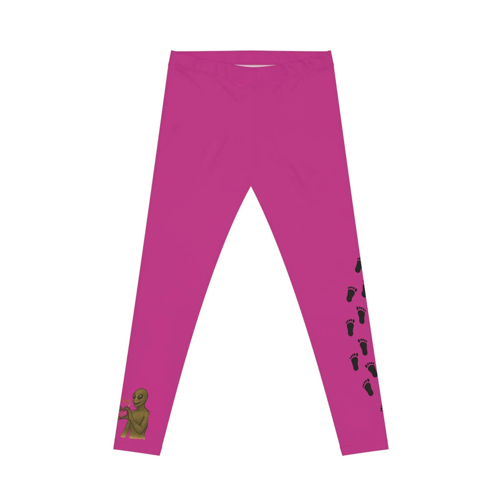 Pink leggings with bigfoot and alien heart hands on right leg and bigfoot print designs on left leg on a white background