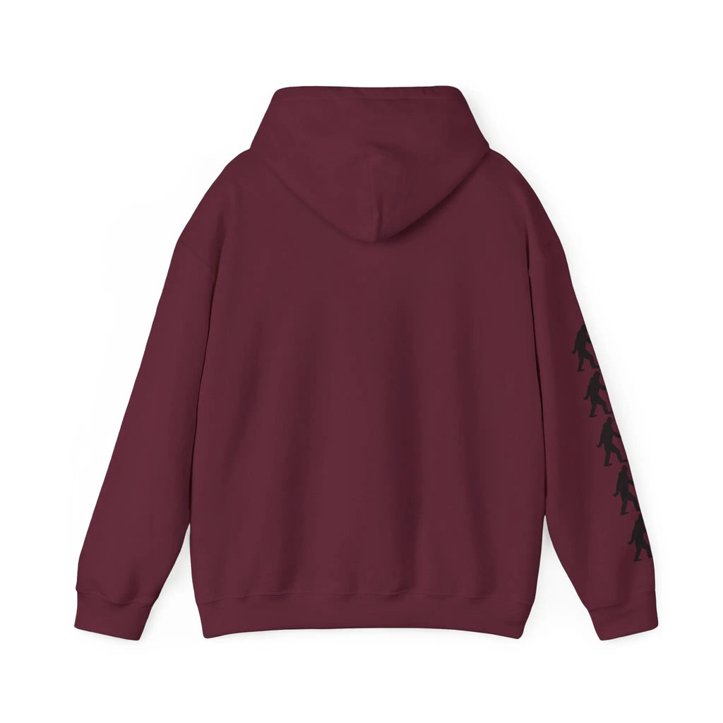 Maroon hoodie back with black bigfoot silhouette on sleeves against a white background