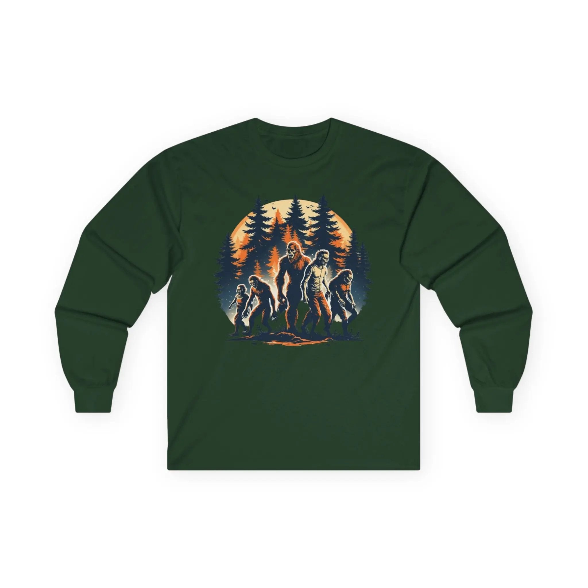 Unisex Bigfoot Long Sleeve Tee – Forest & Camping Shirt, Outdoor Adventure Gift, Halloween & Nature Apparel Printify