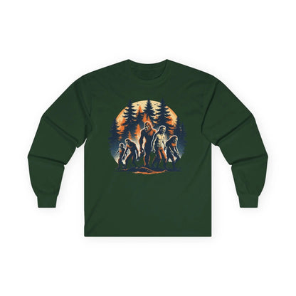Unisex Bigfoot Long Sleeve Tee – Forest & Camping Shirt, Outdoor Adventure Gift, Halloween & Nature Apparel Printify