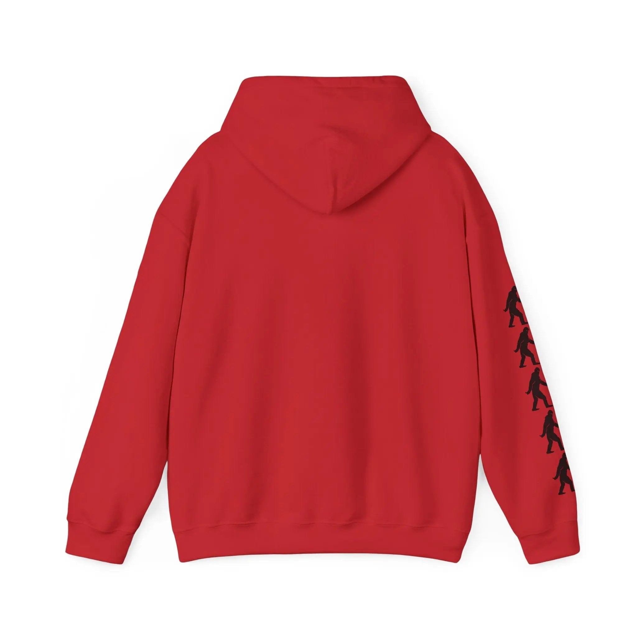 Red hoodie back with black bigfoot graphics on right sleeve on a white background