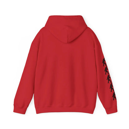 Red hoodie back with black bigfoot graphics on right sleeve on a white background