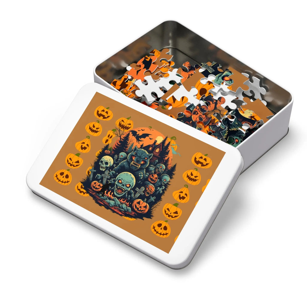 Halloween-themed puzzle in a tin box with pumpkins and ghosts on the lid.