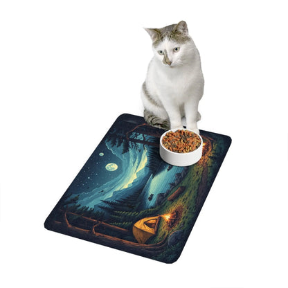 Pet Food Mat - Moonlit Lakeside Camping Scene (12x18) Printify