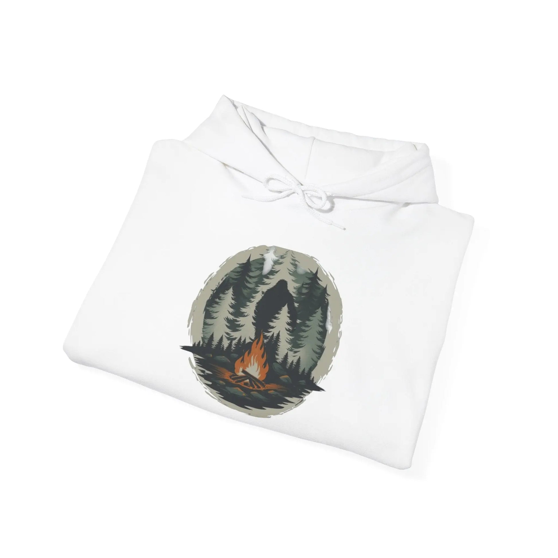 White hoodie with a nature-themed graphic and black bigfoot silhouettes on the right sleeve on a white background folded on a white background