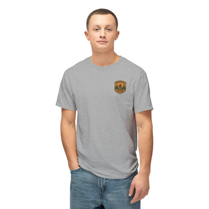 Adventure Patch T-Shirt — Vintage Mountain Forest Logo Tee | Outdoors Lifestyle Shirt