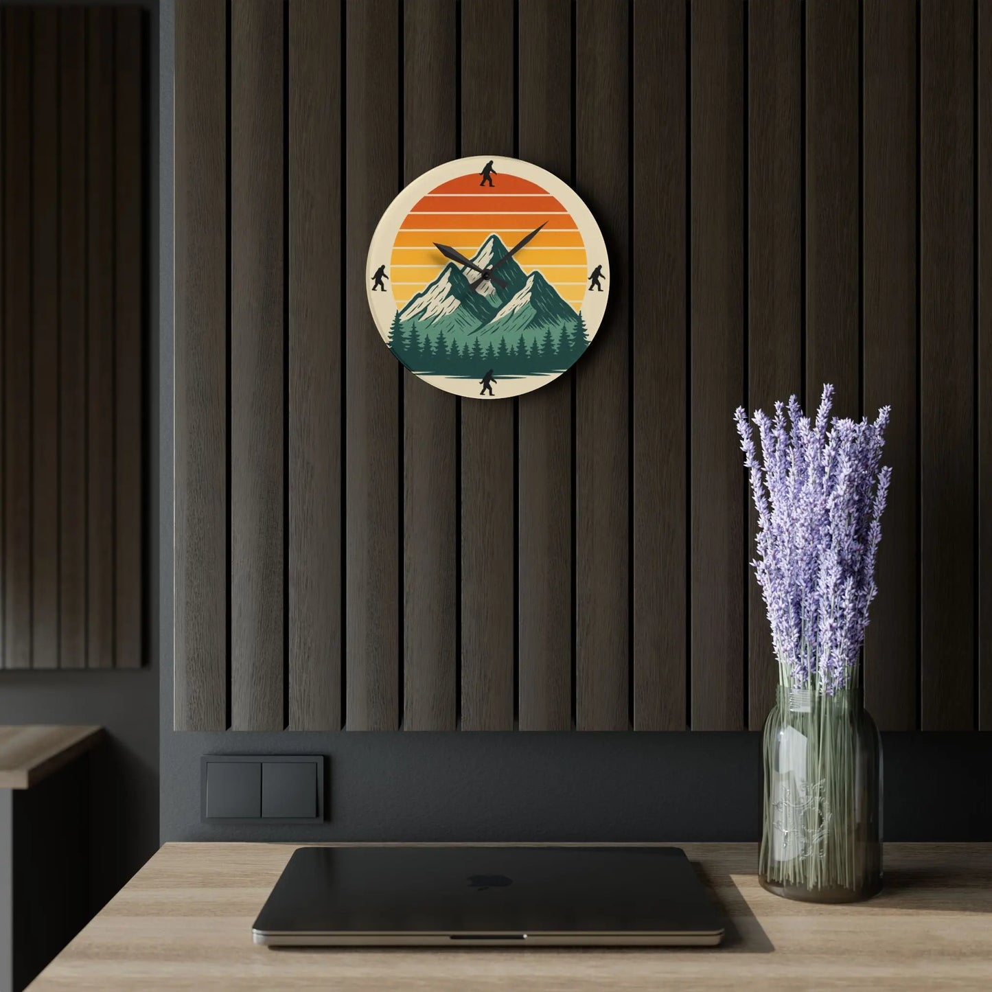 Bigfoot 70s Sunset Acrylic Wall Clock — Retro Striped Gradient Printify
