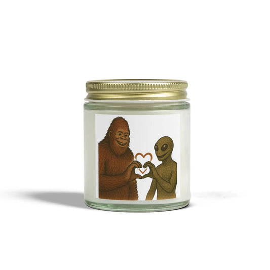 Quirky Scented Candles - Coconut Apricot Wax (4oz & 9oz) - Fun Design featuring Bigfoot and Alien Love - Squatch Wear