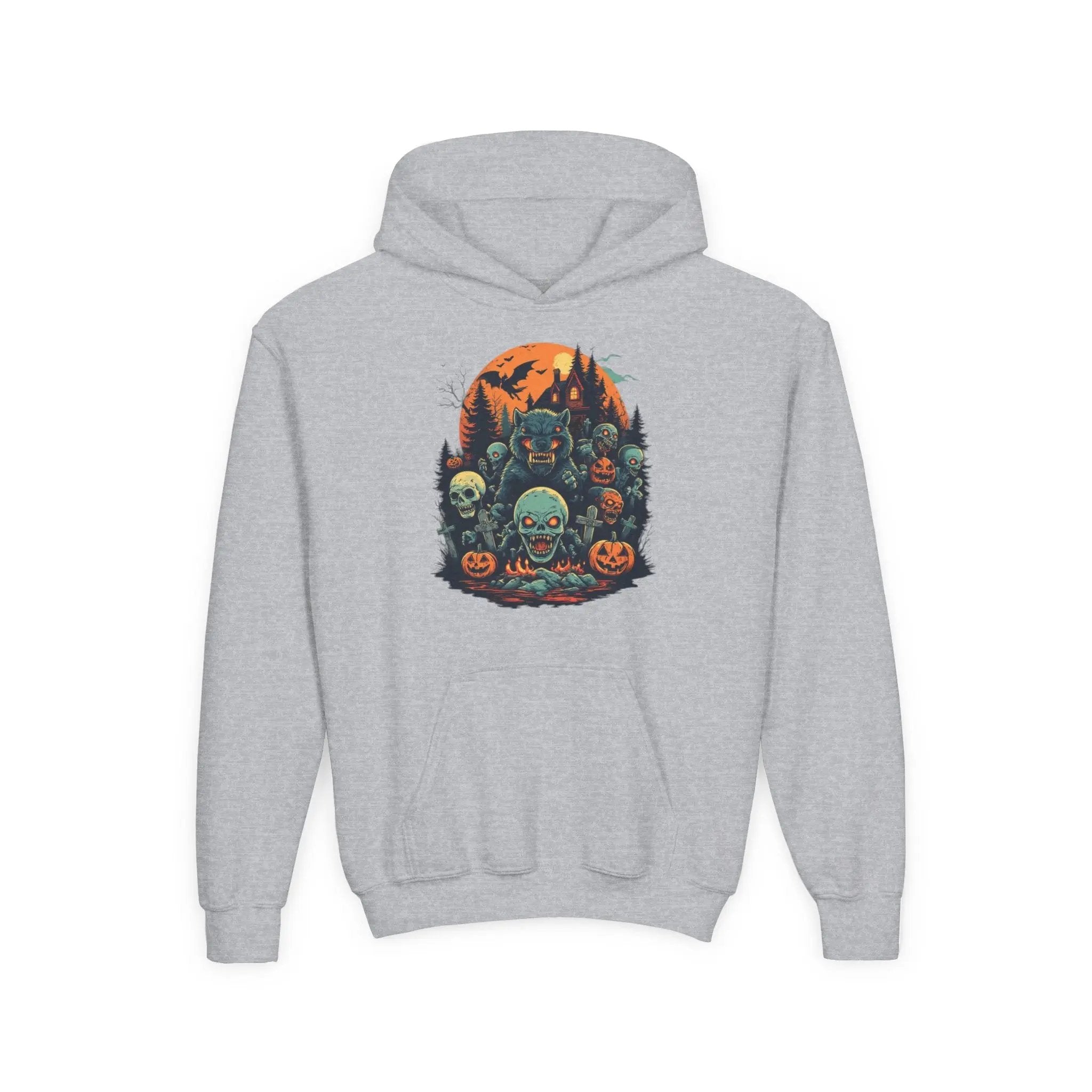 Gray hoodie with a colorful Halloween graphic design of werewolves, zombies, and other cryptids on a white background