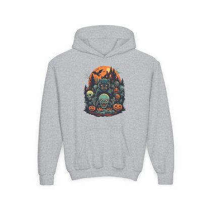 Gray hoodie with a colorful Halloween graphic design of werewolves, zombies, and other cryptids on a white background
