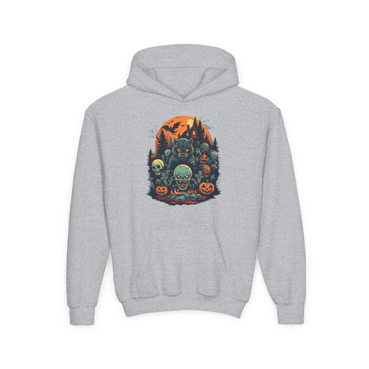 Gray hoodie with a colorful Halloween graphic design of werewolves, zombies, and other cryptids on a white background