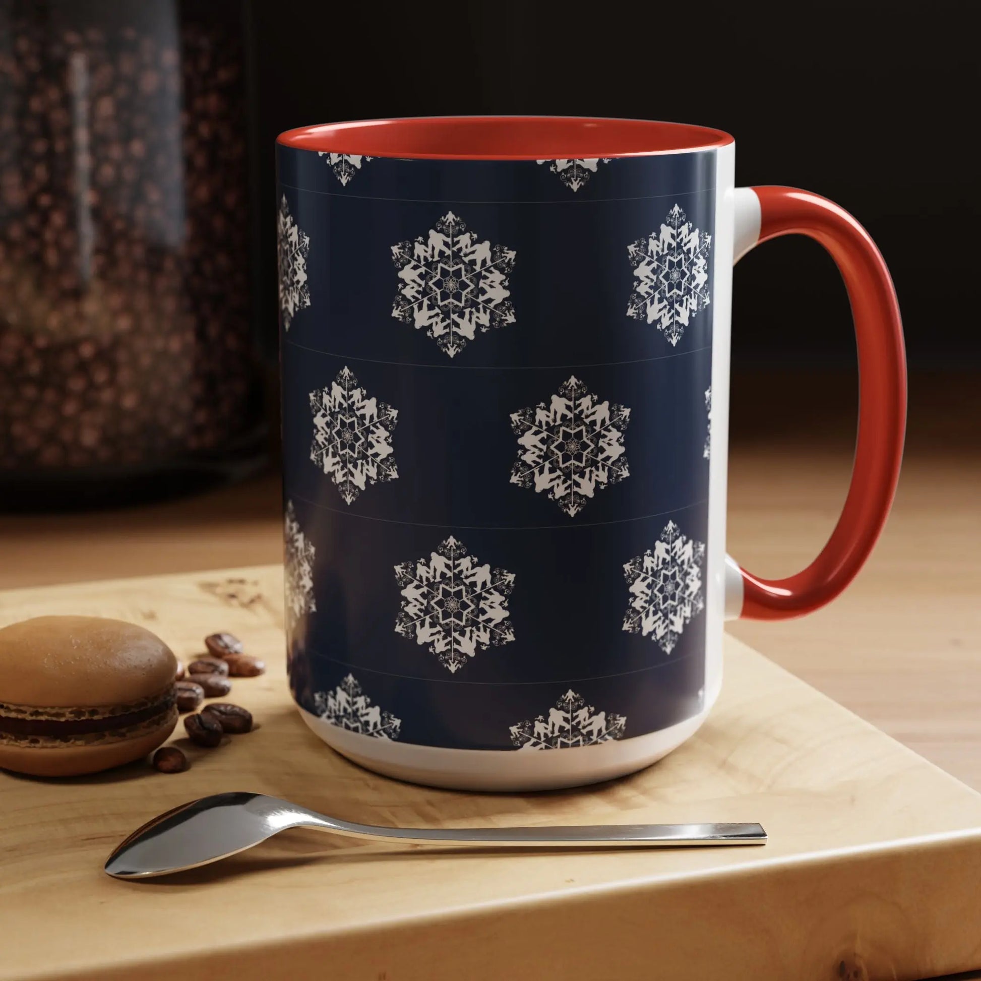 Bigfoot Snowflake Accent Coffee Mug – Navy Holiday Ceramic Cup (11oz/15oz) Printify