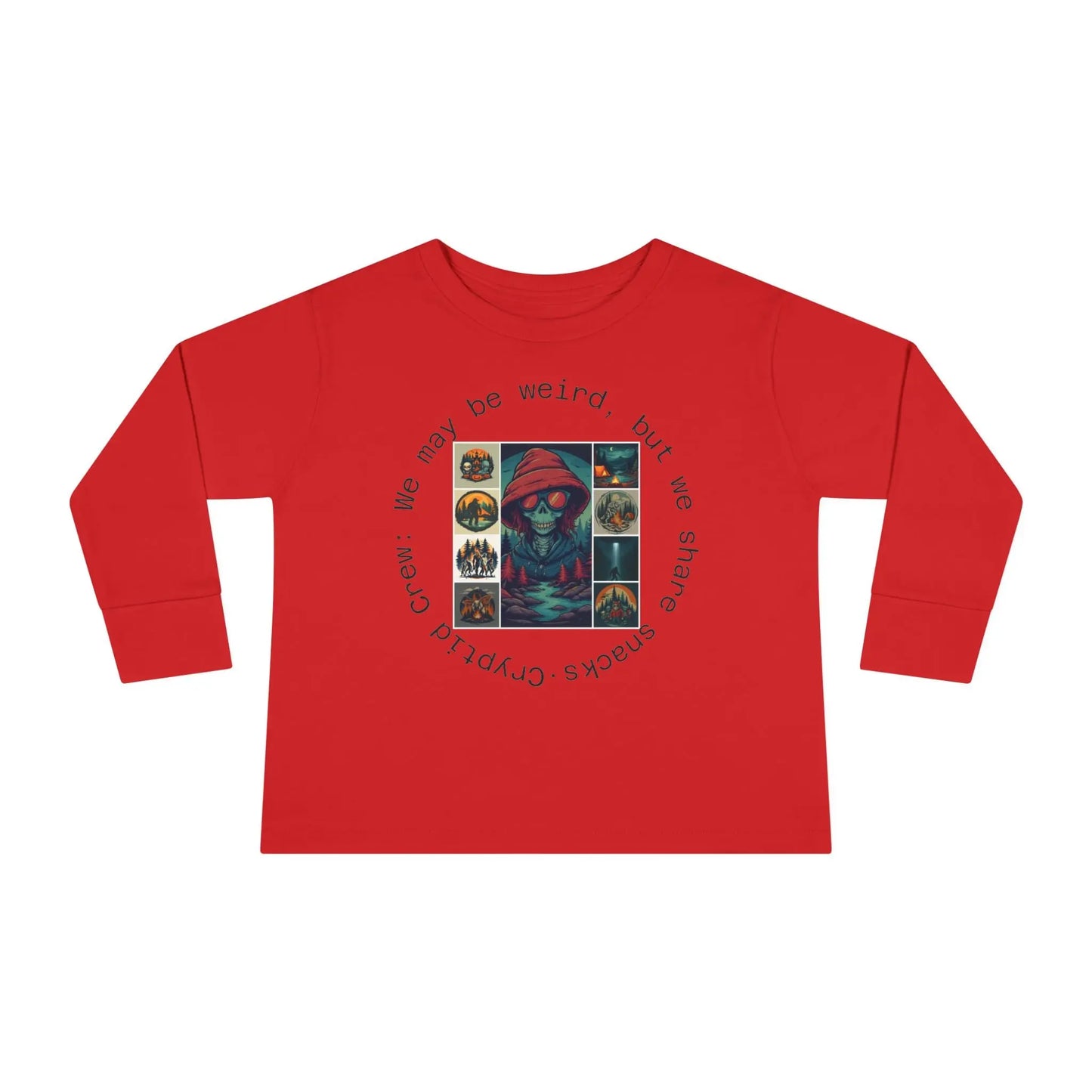 Toddler Red long-sleeve shirt with graphic  collage design and text on a white background
