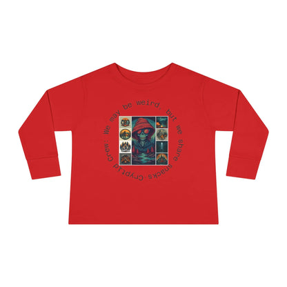 Toddler Red long-sleeve shirt with graphic  collage design and text on a white background