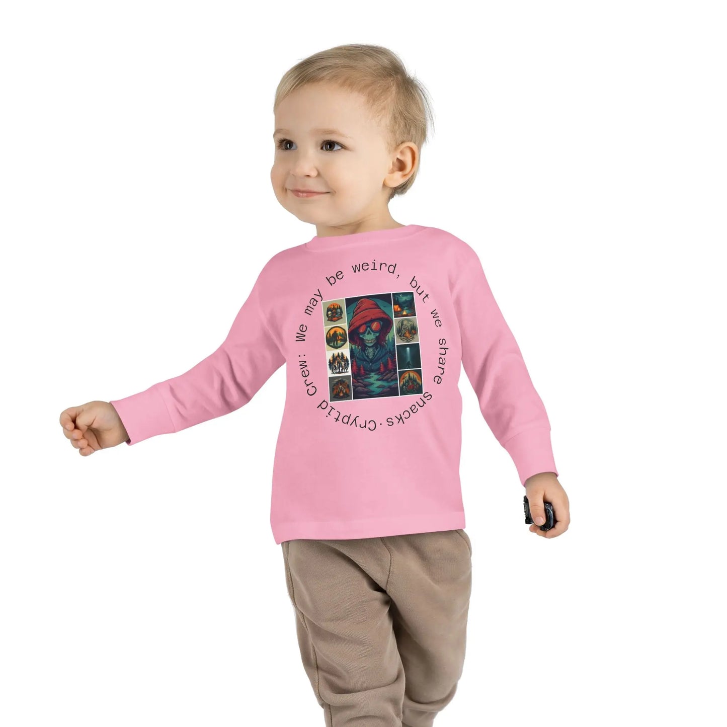 Child wearing a pink long-sleeve shirt with text and graphic collage design on a white background