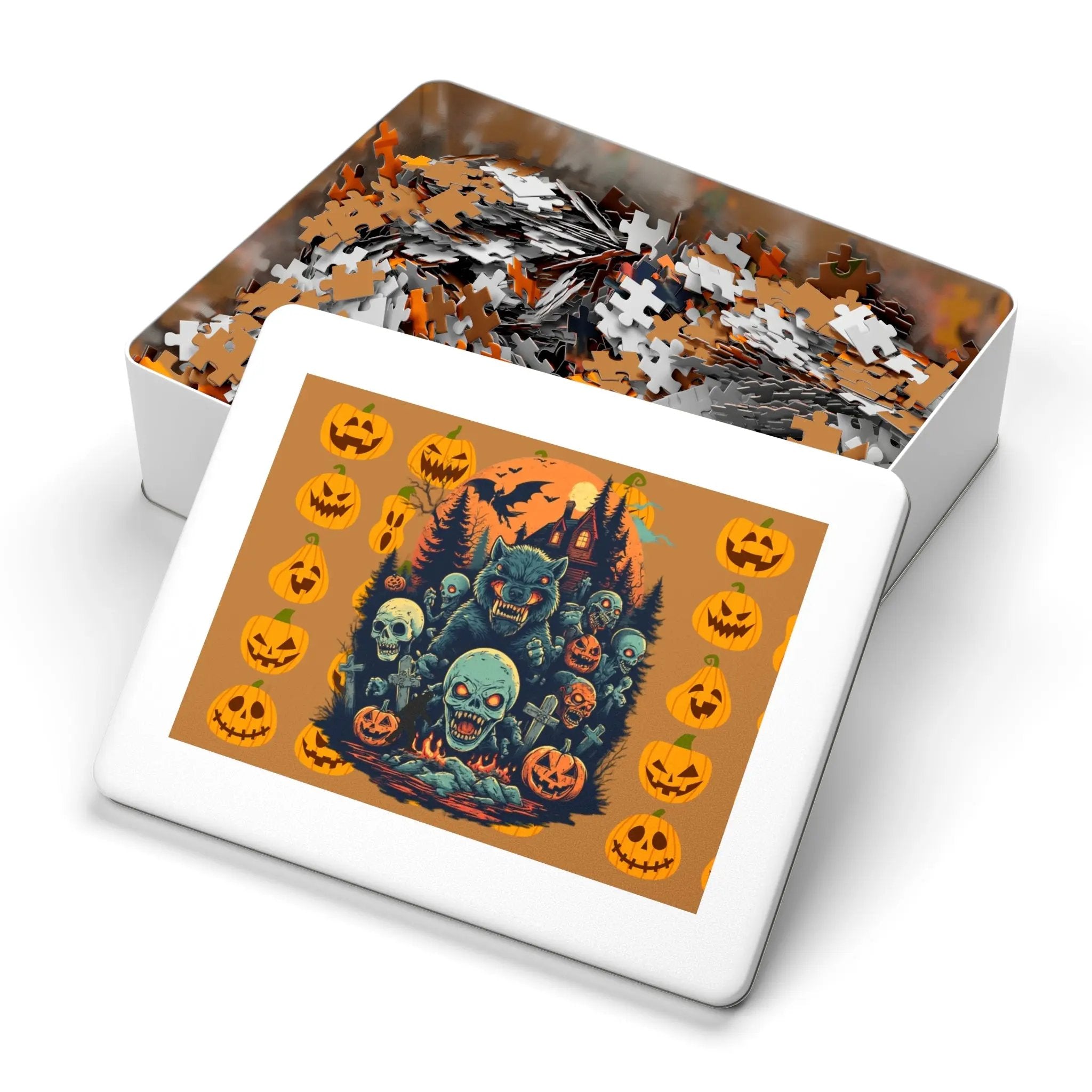 Halloween-themed puzzle with a tin box on a white background