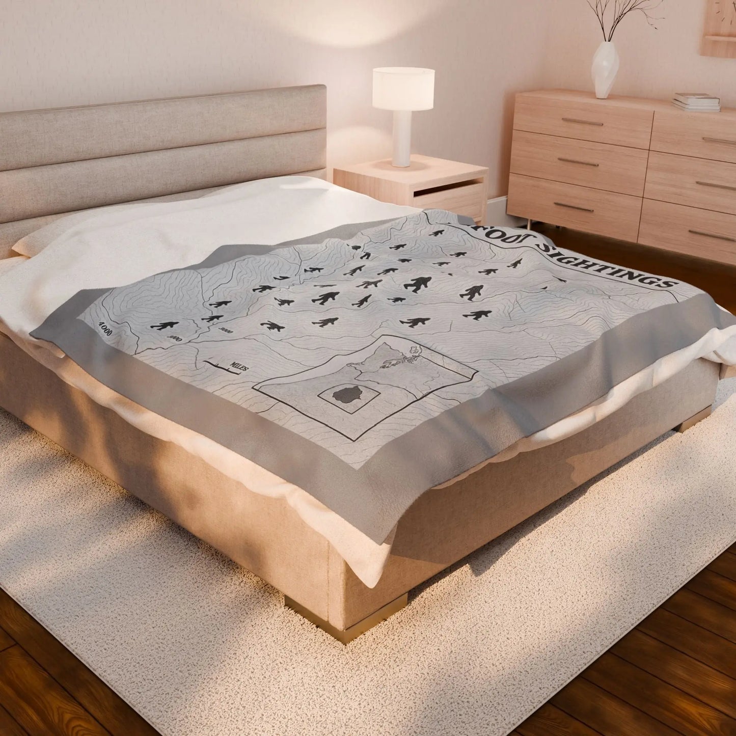 Oregon Bigfoot Sightings Velveteen Plush Blanket — Retro Map Sasquatch Throw Printify