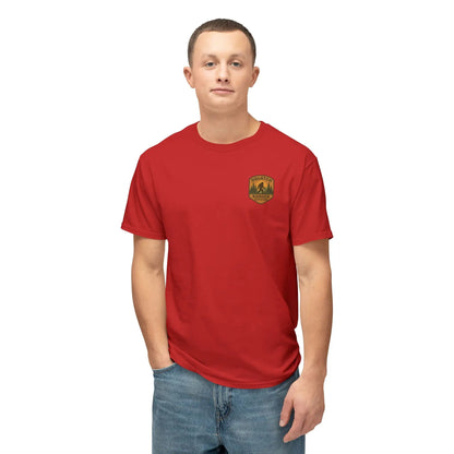 Adventure Patch T-Shirt — Vintage Mountain Forest Logo Tee | Outdoors Lifestyle Shirt