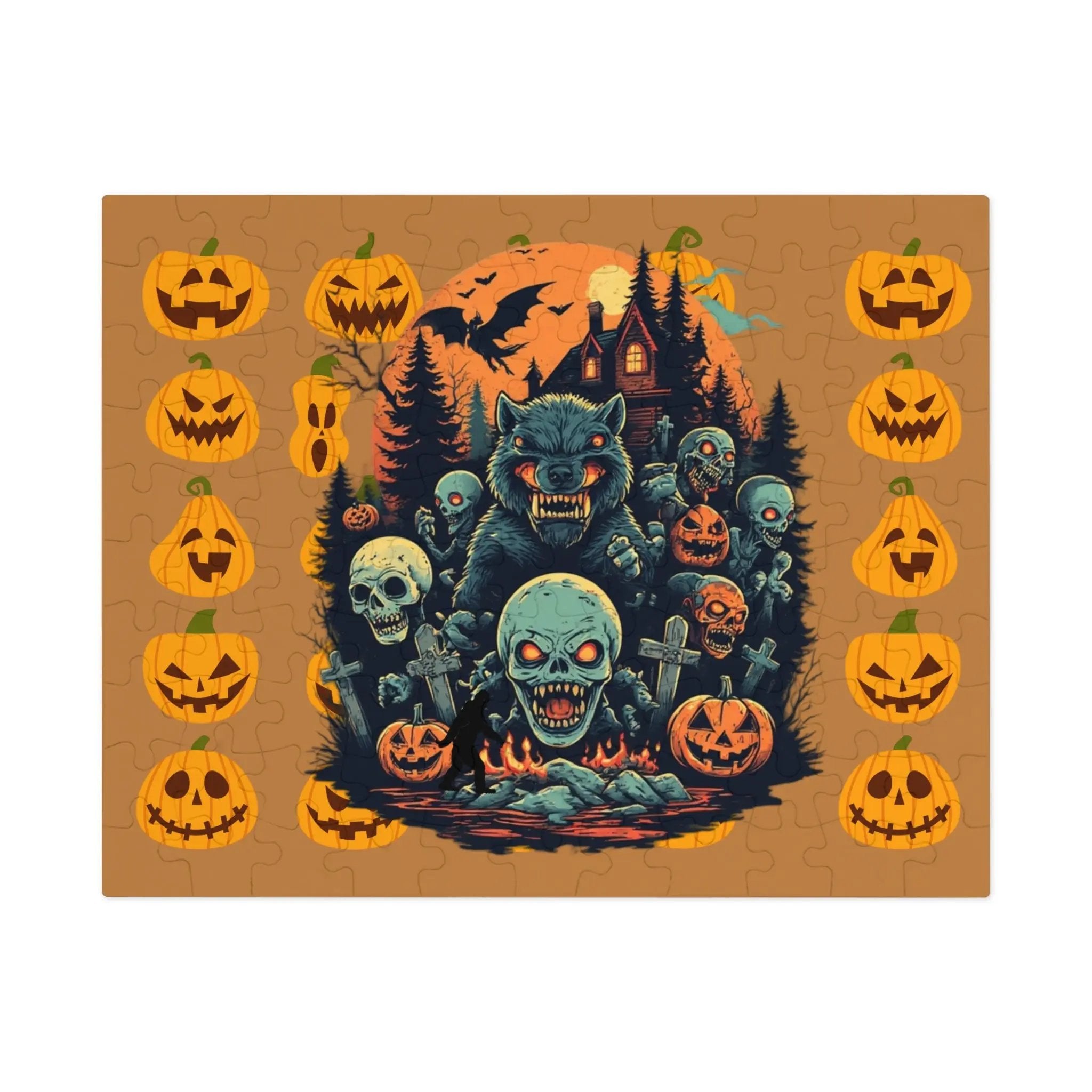 Halloween-themed puzzle with pumpkins, ghosts, and a wolf among skeletons on a brownish orange background.