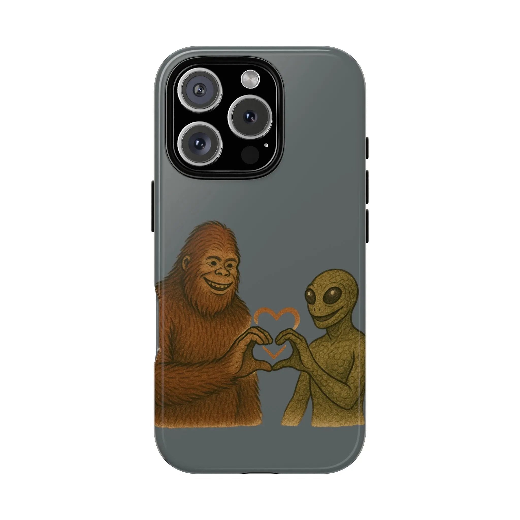 Bigfoot & Lizard Person Hand Heart Phone Case – Fun & Unique Cryptid Design, Perfect Gift for Adults Printify