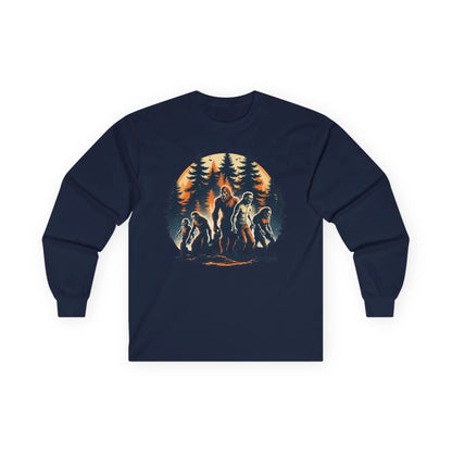 Unisex Bigfoot Long Sleeve Tee – Forest & Camping Shirt, Outdoor Adventure Gift, Halloween & Nature Apparel Printify