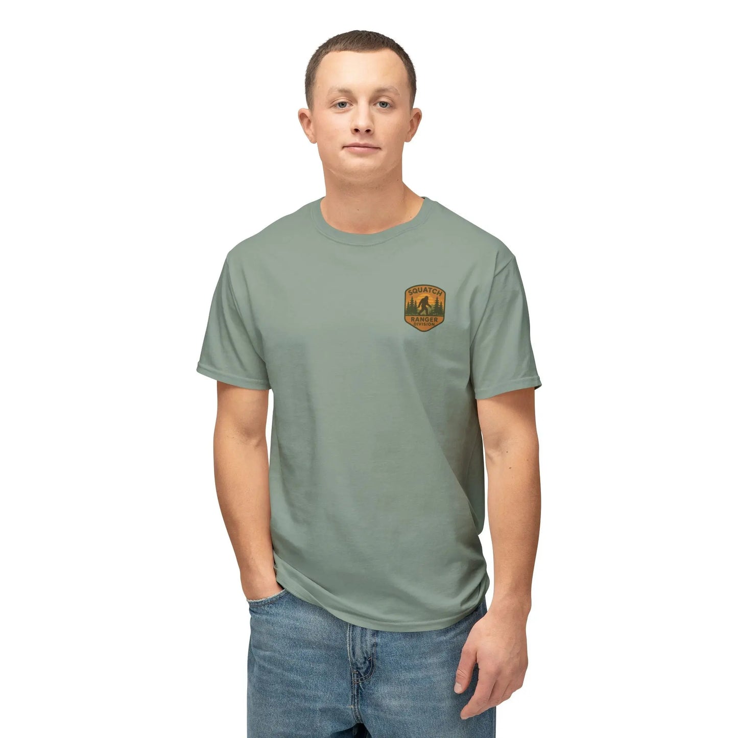 Adventure Patch T-Shirt — Vintage Mountain Forest Logo Tee | Outdoors Lifestyle Shirt