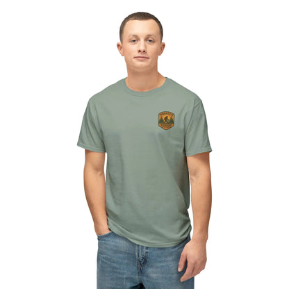 Adventure Patch T-Shirt — Vintage Mountain Forest Logo Tee | Outdoors Lifestyle Shirt