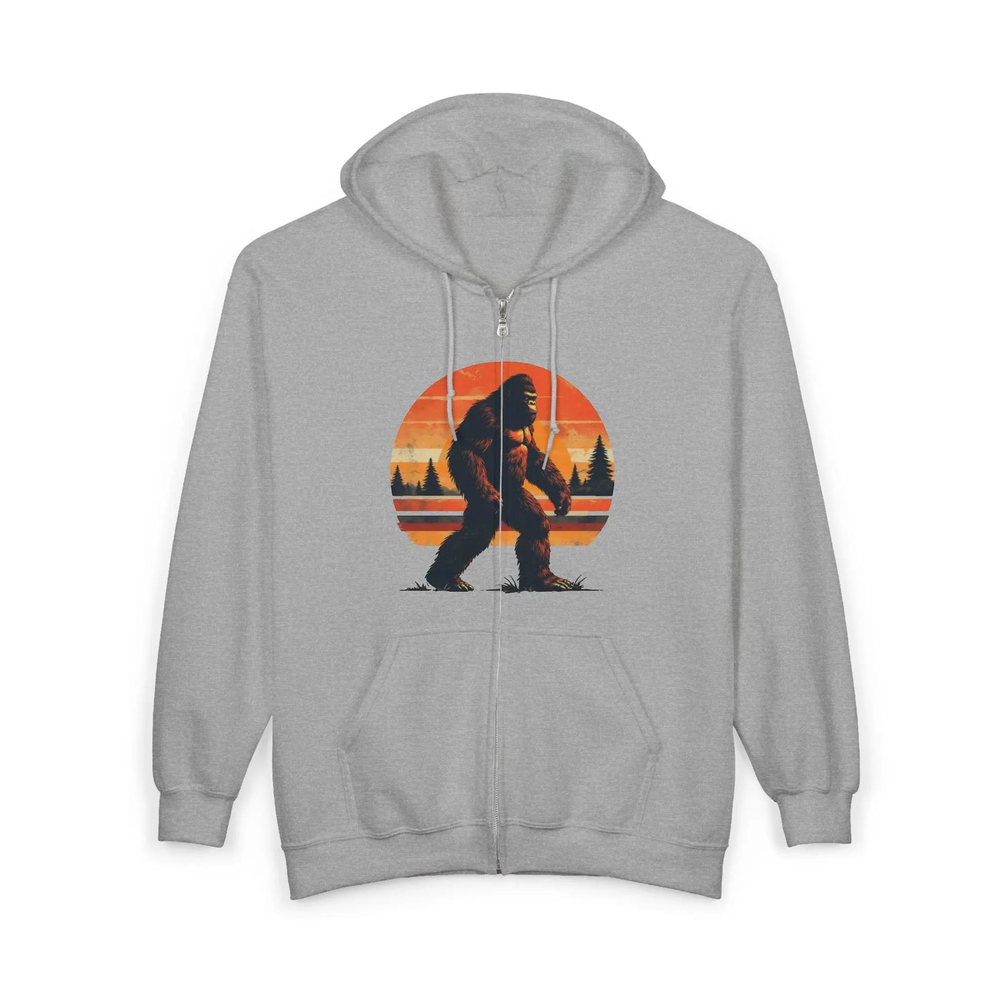 Sunset Sasquatch Zip-Up Hoodie – Warm, Durable Outdoor Layer Printify