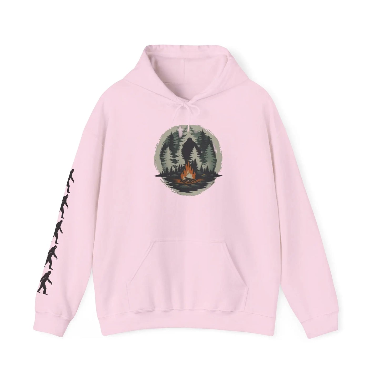 Pink hoodie with a graphic design and black bigfoot silhouettes on the right sleeve on a white background on a white background