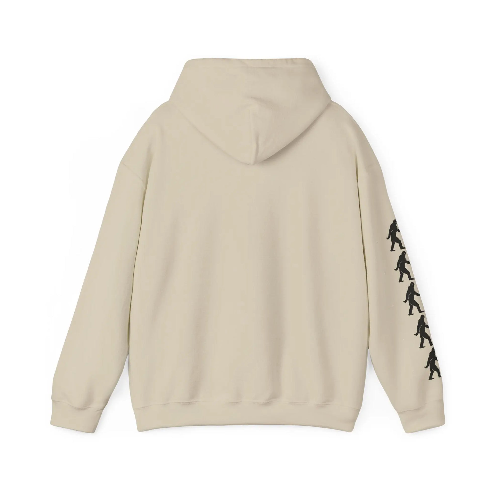 Beige hoodie back with black bigfoot graphic design on right sleeve against a white background