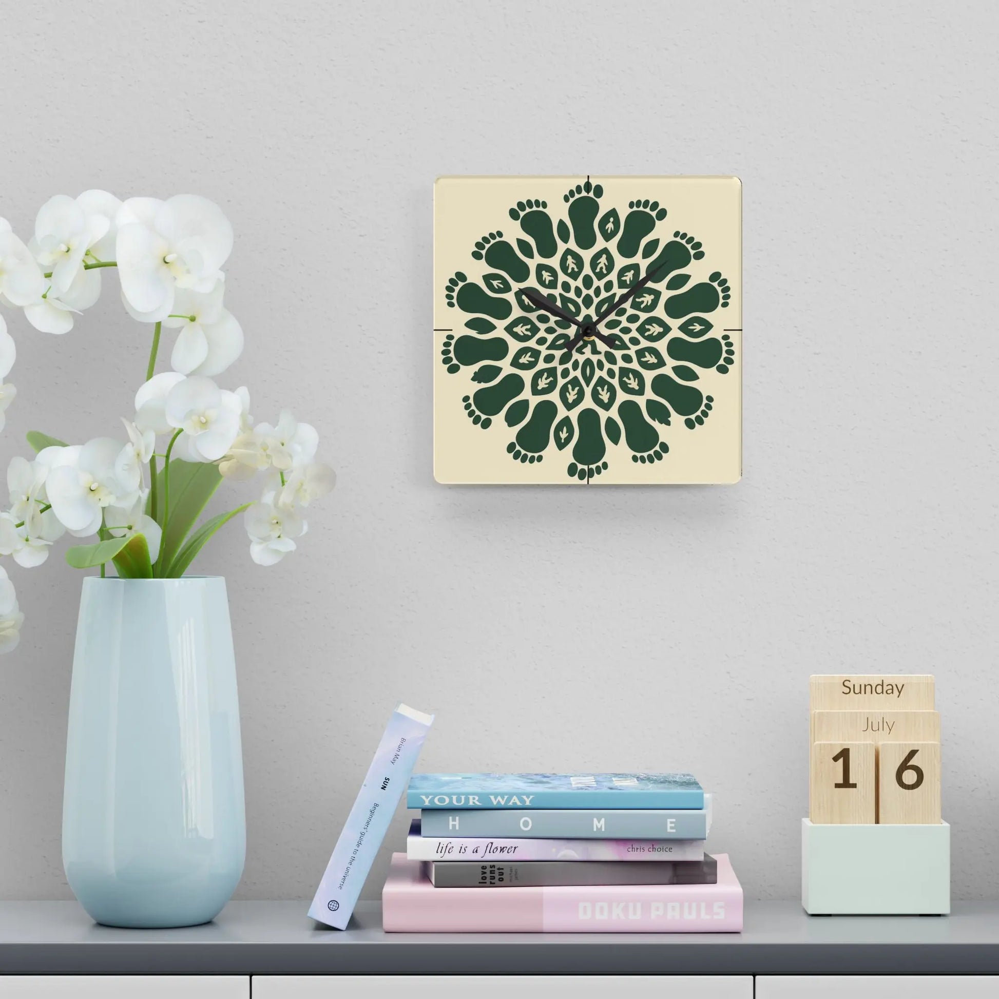 Bigfoot Mandala Acrylic Wall Clock — Repeating Sasquatch Footprint Design Printify