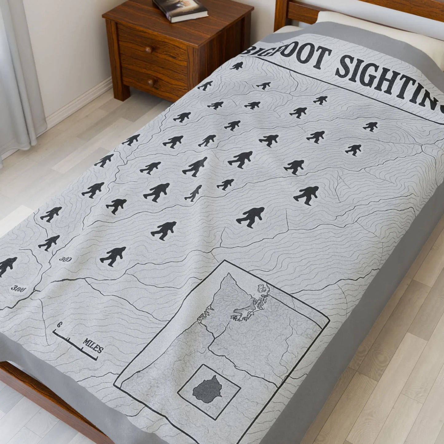 Oregon Bigfoot Sightings Velveteen Plush Blanket — Retro Map Sasquatch Throw Printify