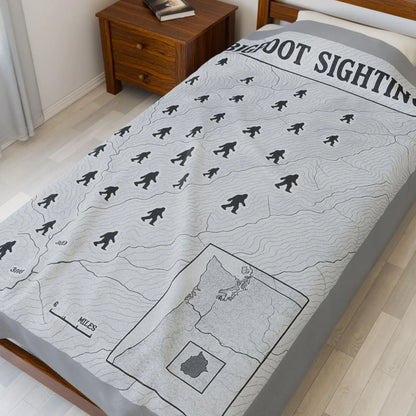 Oregon Bigfoot Sightings Velveteen Plush Blanket — Retro Map Sasquatch Throw Printify